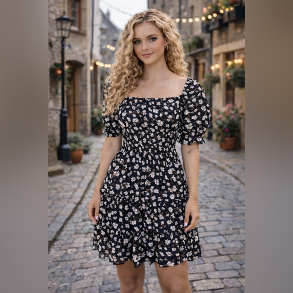 Trixxi Black Floral Puff Sleeve Mini Dress Smocked Waist & Ruffle Skirt SZ (S)